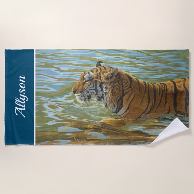 Tigerbaden | DIY Name | Meerblau Strandtuch (Vorderseite)