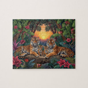 Tigerfamilie Sonnenuntergang Dschungel Tropische K Puzzle
