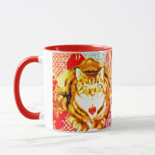 Tigergelbe Katze Rote Whimsical Hintergrund Tasse