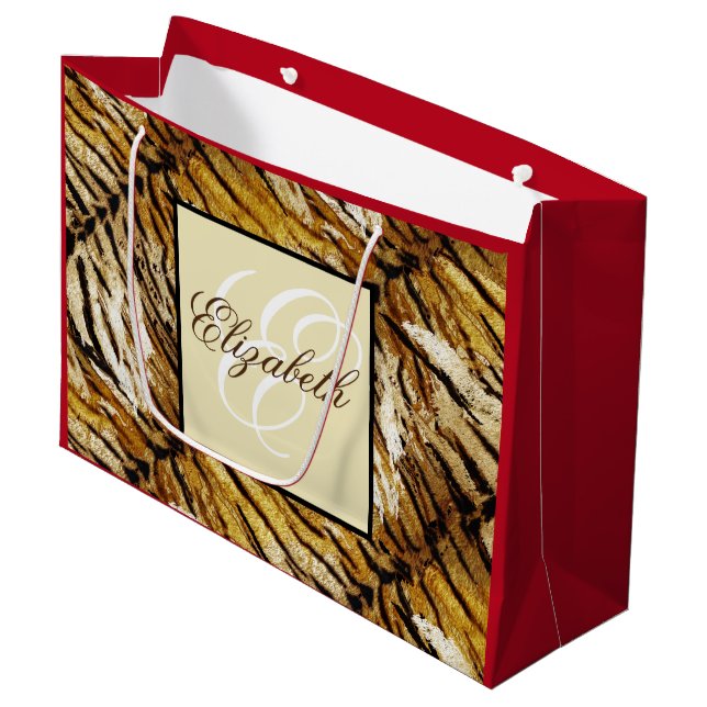 Tigerhaut, Monogramm, stylish, Tiger, gestreift Große Geschenktüte (Vorderseite Schrägansicht)