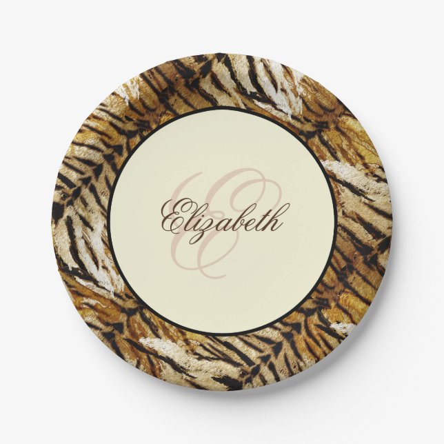 Tigerhaut, Monogramm, stylish, Tiger, gestreift Pappteller (Vorderseite)