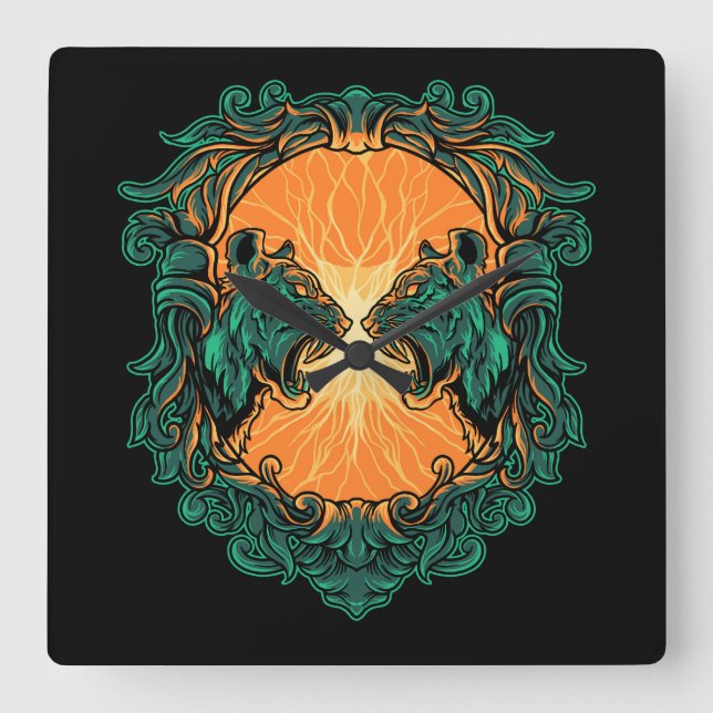 Tigerkampf Quadratische Wanduhr (Vorderseite)