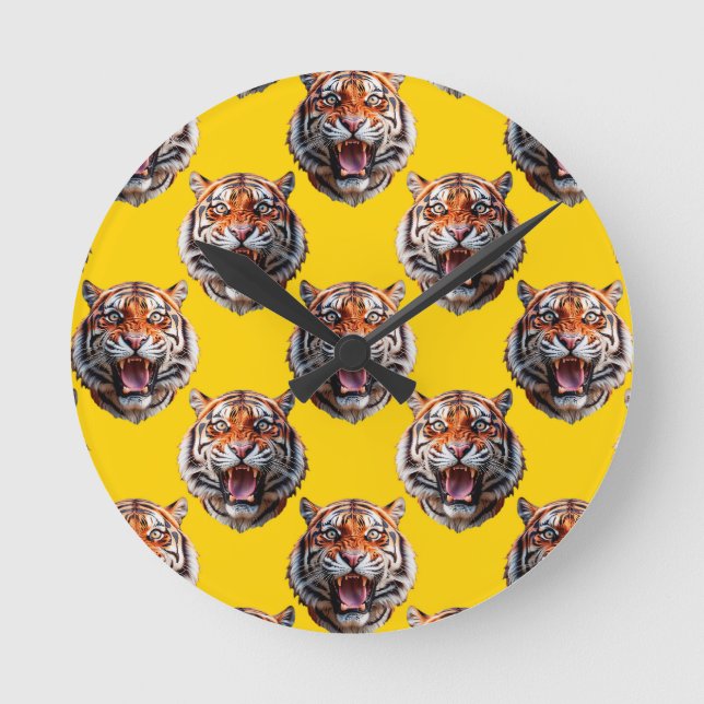 Tigerkopf-Musterdesign Gelb  Runde Wanduhr (Vorderseite)