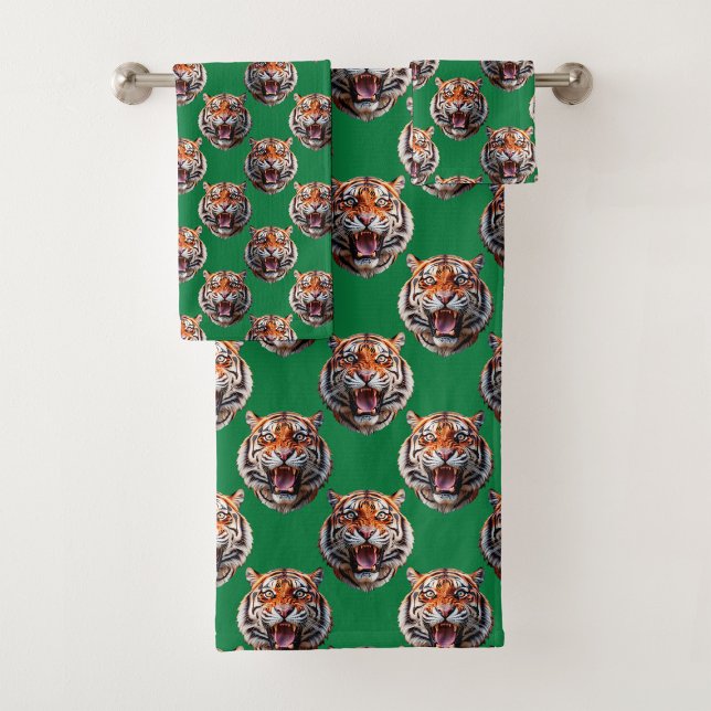 Tigerkopf-Musterdesign Grün  Badhandtuch Set (Von Creator hochgeladen)