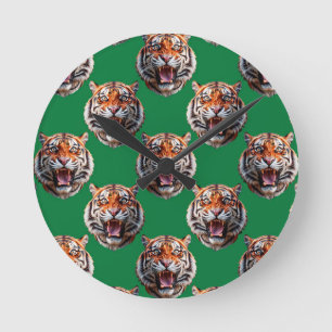 Tigerkopf-Musterdesign Grün Runde Wanduhr
