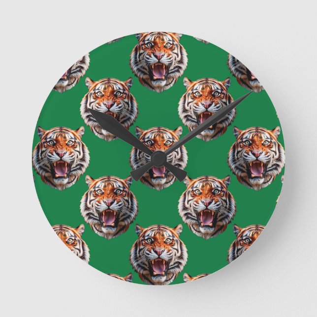 Tigerkopf-Musterdesign Grün Runde Wanduhr (Vorderseite)