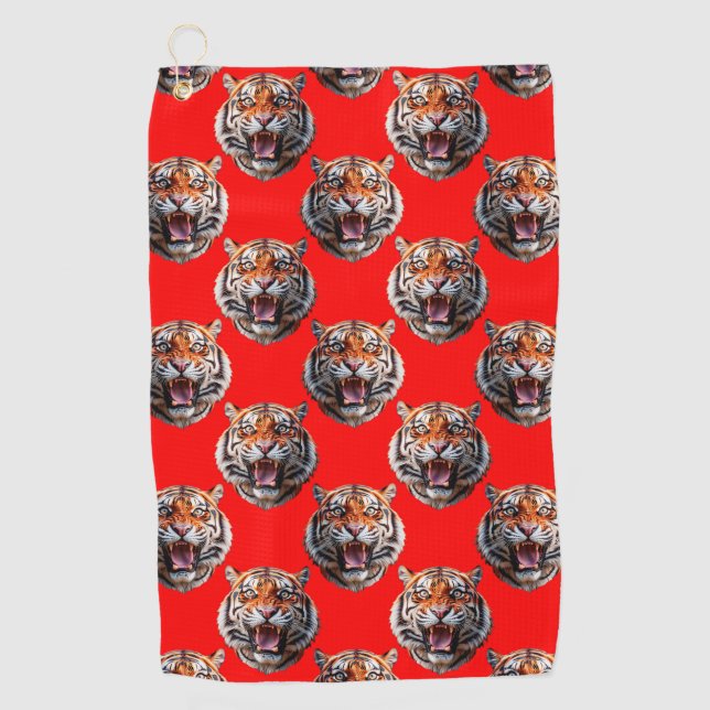 Tigerkopf-Musterdesign Rot Golfhandtuch (Vorderseite)