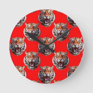Tigerkopf-Musterdesign Rot Runde Wanduhr