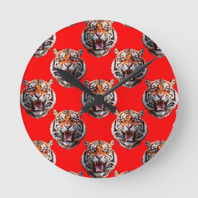 Tigerkopf-Musterdesign Rot Runde Wanduhr (Vorderseite)