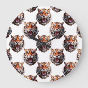 Tigerkopf-Musterdesign - Weiß Große Wanduhr