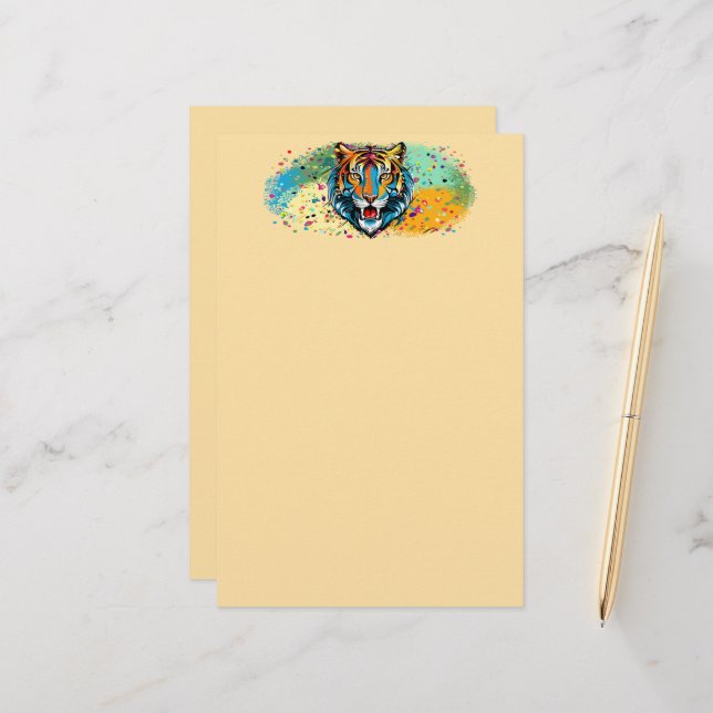 Tigerkopf-Regenbogenfarben-Farbflecken Briefpapier (Vorderseite/Rückseite Beispiel)