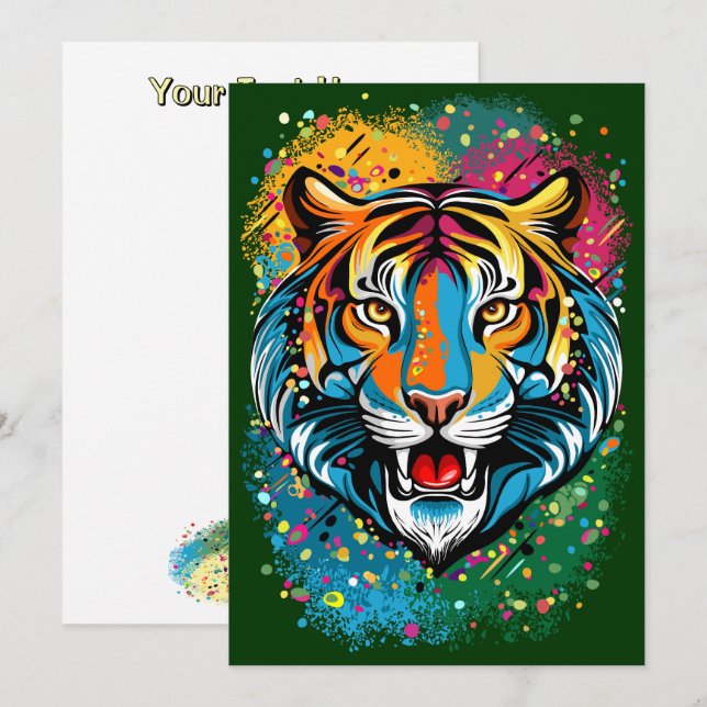 Tigerkopf-Regenbogenfarben-Farbflecken Einladung (Vorne/Hinten)