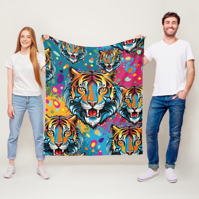 Tigerkopf-Regenbogenfarben-Farbflecken Fleecedecke (Beispiel)