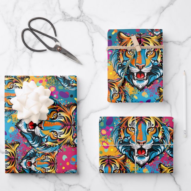 Tigerkopf-Regenbogenfarben-Farbflecken Geschenkpapier Set (Vorderseite)