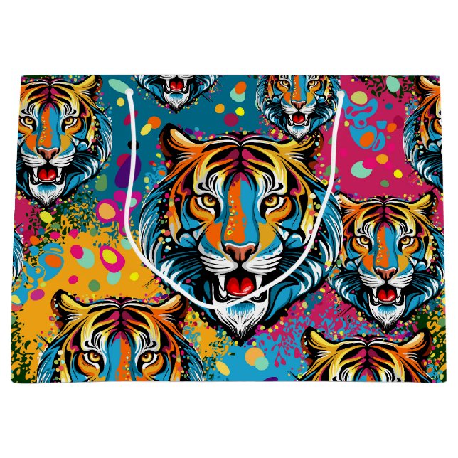 Tigerkopf-Regenbogenfarben-Farbflecken Große Geschenktüte (Vorderseite)
