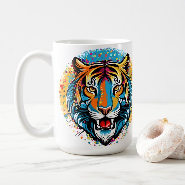 Tigerkopf-Regenbogenfarben-Farbflecken Kaffeetasse (Mit Donut)