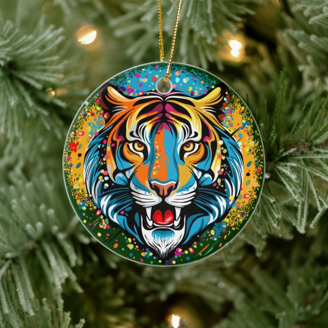 Tigerkopf-Regenbogenfarben-Farbflecken Keramik Ornament (Baum)