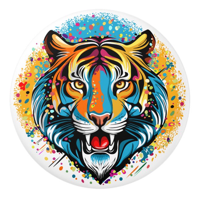 Tigerkopf-Regenbogenfarben-Farbflecken Keramikknauf (Vorderseite)