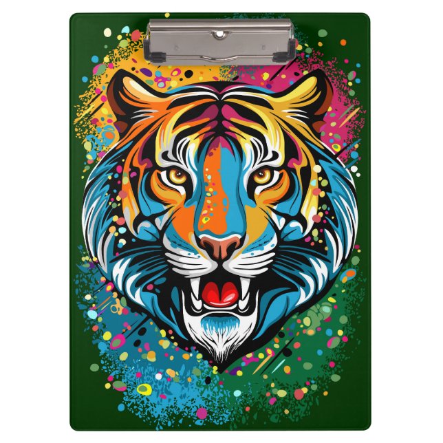 Tigerkopf-Regenbogenfarben-Farbflecken Klemmbrett (Vorderseite)