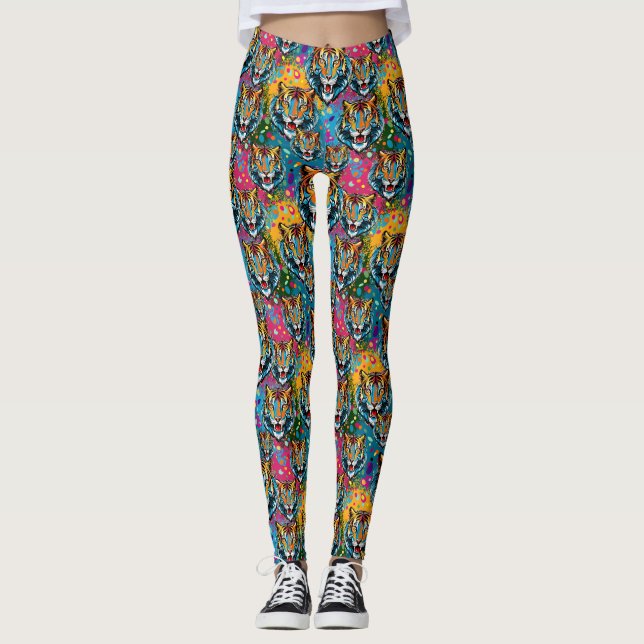 Tigerkopf-Regenbogenfarben-Farbflecken Leggings (Vorderseite)
