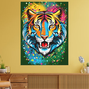 Tigerkopf-Regenbogenfarben-Farbflecken Leinwanddruck