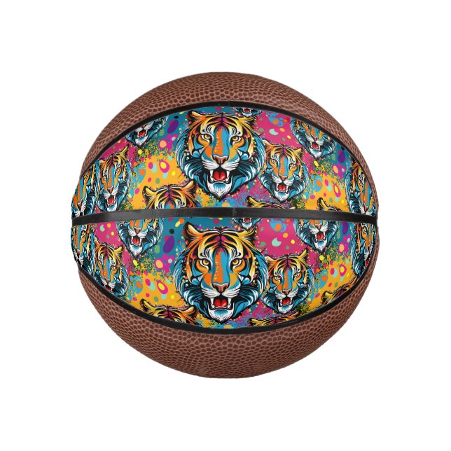 Tigerkopf-Regenbogenfarben-Farbflecken Mini Basketball (Vorderseite)