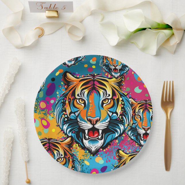 Tigerkopf-Regenbogenfarben-Farbflecken Pappteller (Hochzeit)
