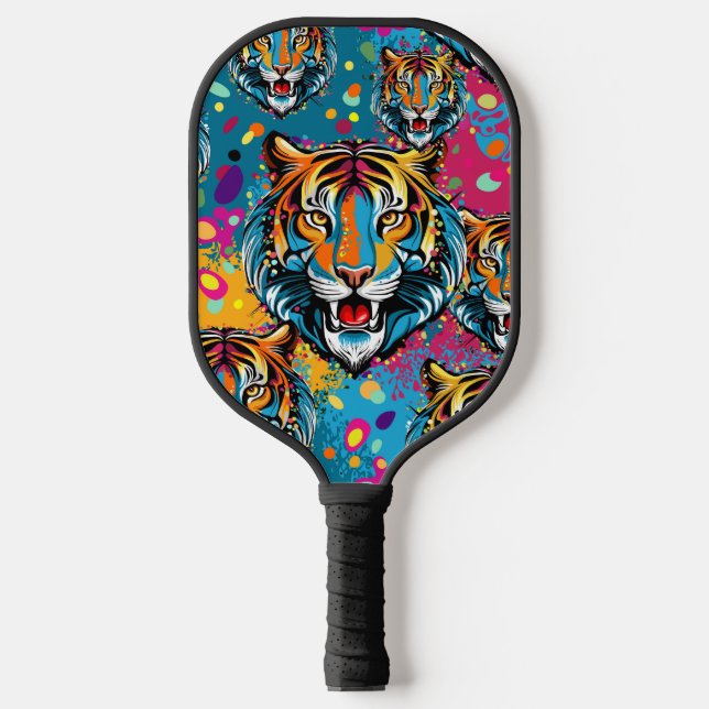 Tigerkopf-Regenbogenfarben-Farbflecken Pickleball Schläger (Vorderseite)