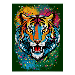 Tigerkopf-Regenbogenfarben-Farbflecken Poster