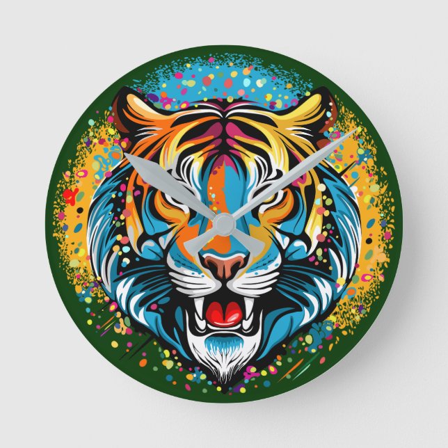 Tigerkopf-Regenbogenfarben-Farbflecken Runde Wanduhr (Vorderseite)