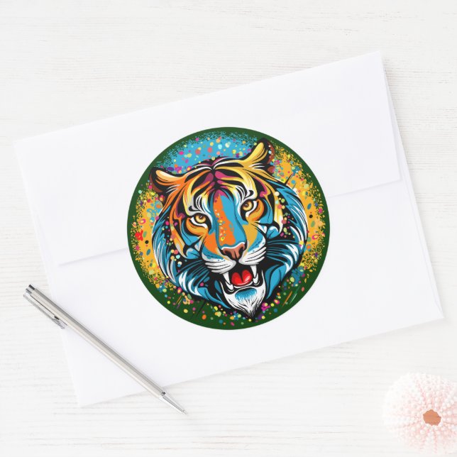 Tigerkopf-Regenbogenfarben-Farbflecken Runder Aufkleber (Umschlag)