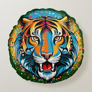 Tigerkopf-Regenbogenfarben-Farbflecken Rundes Kissen
