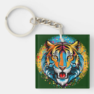 Tigerkopf-Regenbogenfarben-Farbflecken Schlüsselanhänger