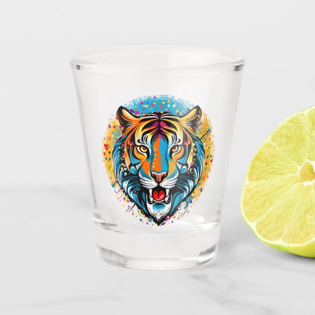 Tigerkopf-Regenbogenfarben-Farbflecken Schnapsglas (Vorderseite)