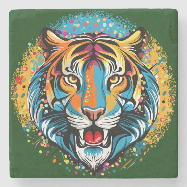 Tigerkopf-Regenbogenfarben-Farbflecken Steinuntersetzer (Vorderseite)