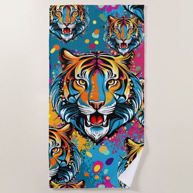Tigerkopf-Regenbogenfarben-Farbflecken Strandtuch (Vorderseite)