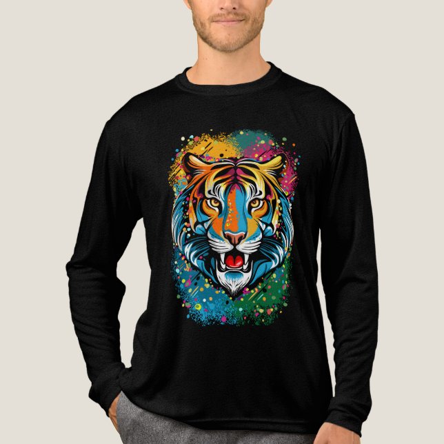 Tigerkopf-Regenbogenfarben-Farbflecken Tri-Blend Shirt (Vorderseite)