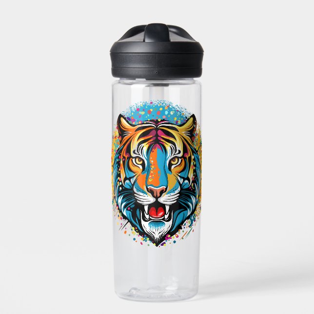 Tigerkopf-Regenbogenfarben-Farbflecken Trinkflasche (Vorderseite)
