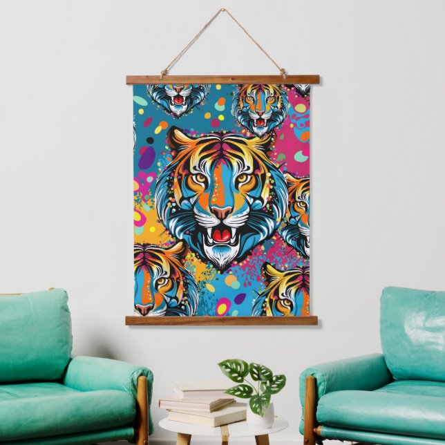 Tigerkopf-Regenbogenfarben-Farbflecken Wandteppich Mit Holzrahmen (Wohnzimmer)
