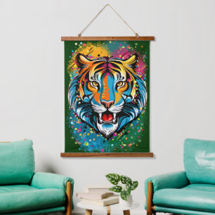Tigerkopf-Regenbogenfarben-Farbflecken Wandteppich Mit Holzrahmen