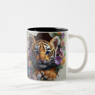 Tigerkub pinkelt durch farbenfrohe Blüte Zweifarbige Tasse
