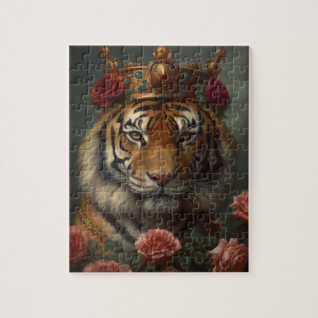 Tigermalerei mit Krone und Rose Puzzle (Vertikal)