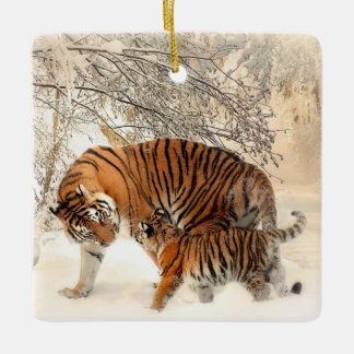 Tigermama und Babyporzellan Keramikornament