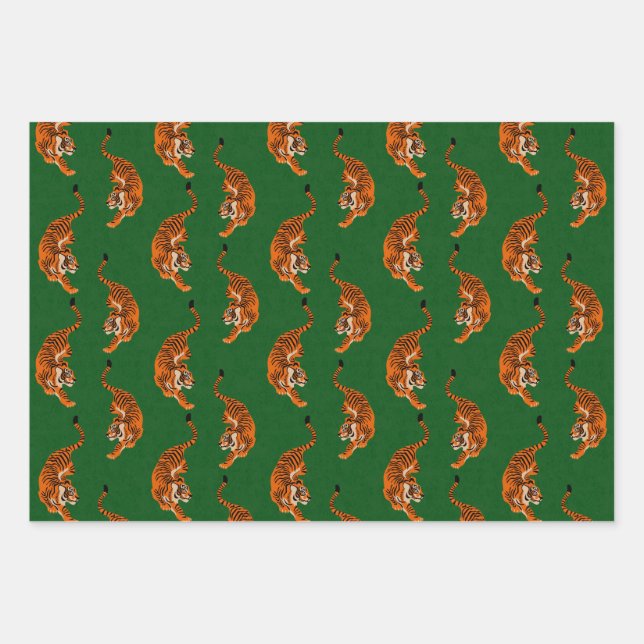 Tigermuster mit grünem Hintergrund Geschenkpapier Set (Vorderseite)