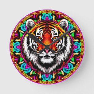 Tigerporträt mit Mandala-Design Runde Wanduhr
