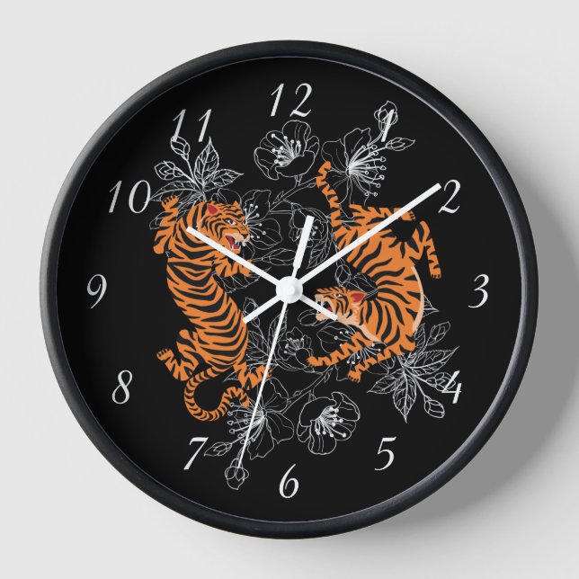 Tigers Japanisch Art Style Black Background Uhr (Vorderseite)