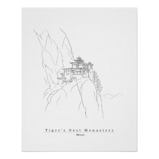 Tiger's Nest Bhutan Minimalistische Linienkunst Pa Poster