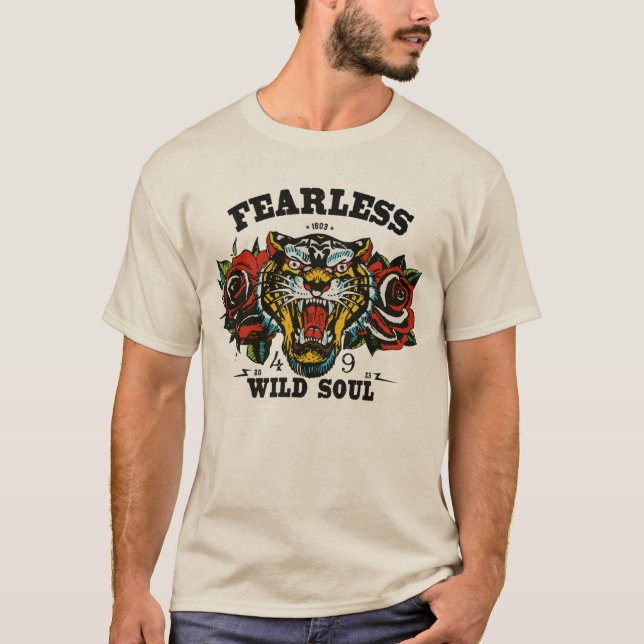 Tigertattoo old school fleur fearless wild soul T-Shirt (Vorderseite)