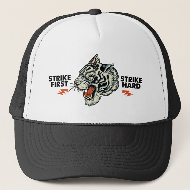 Tigertattoo slogan strike first hard truckerkappe (Vorderseite)
