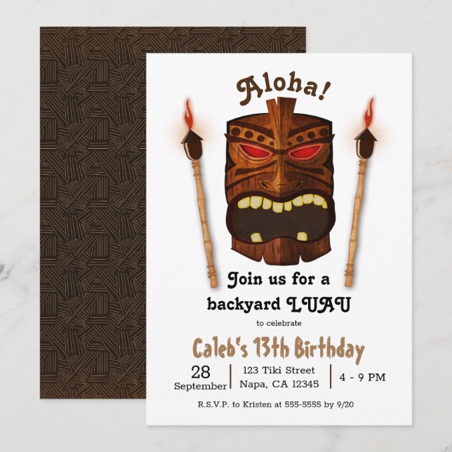 Tiki Aloha Polynesianische Maske Luau Geburtstag Einladung (Vorne/Hinten)